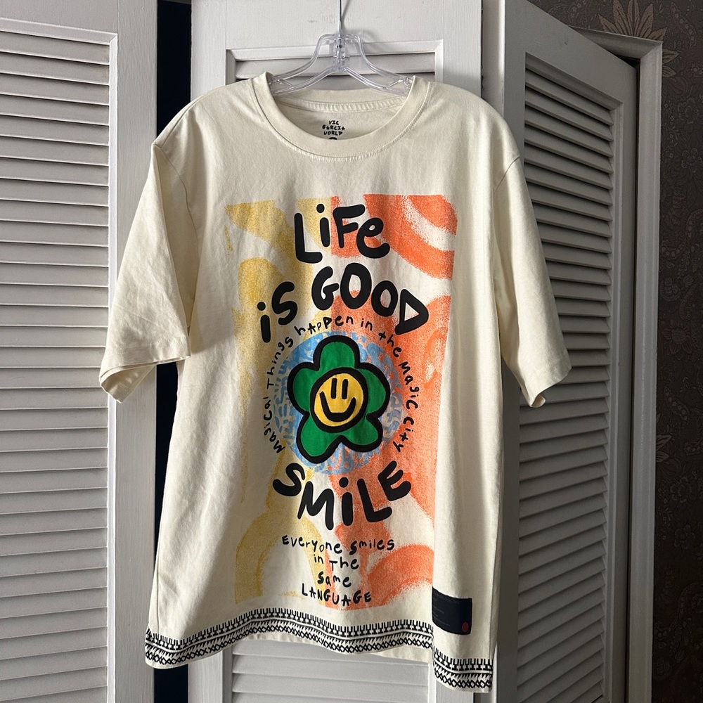 Life Is Good Cream and Orange Graphic Tee